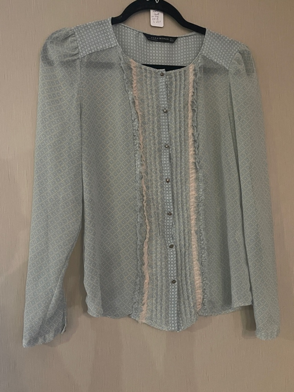 Zara small Pale pink blue pheasant Ruffle-Trim Pintuck Blouse raw hem skull